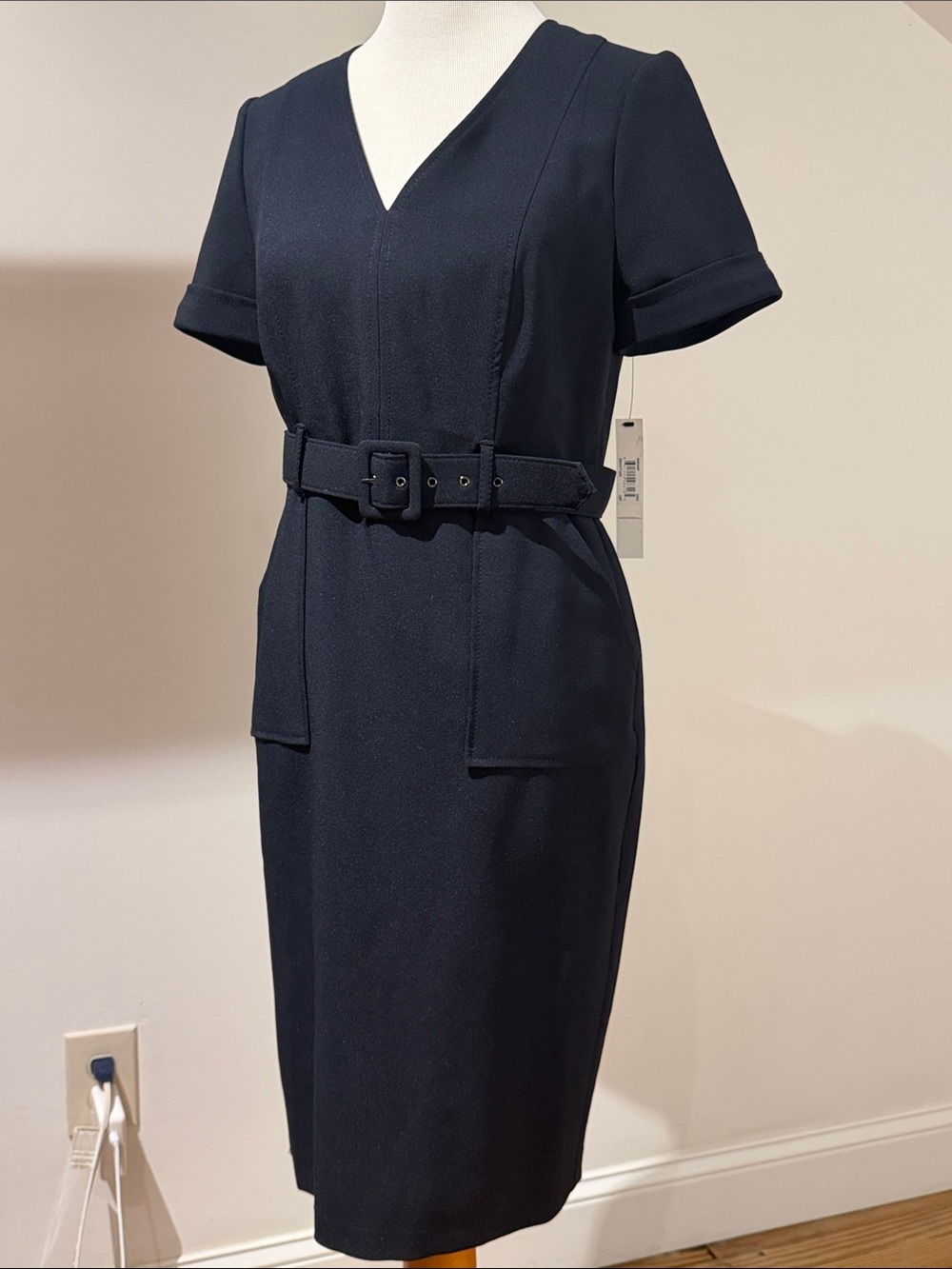 Maggy London Navy V-Neck Belted Sheath Dress
